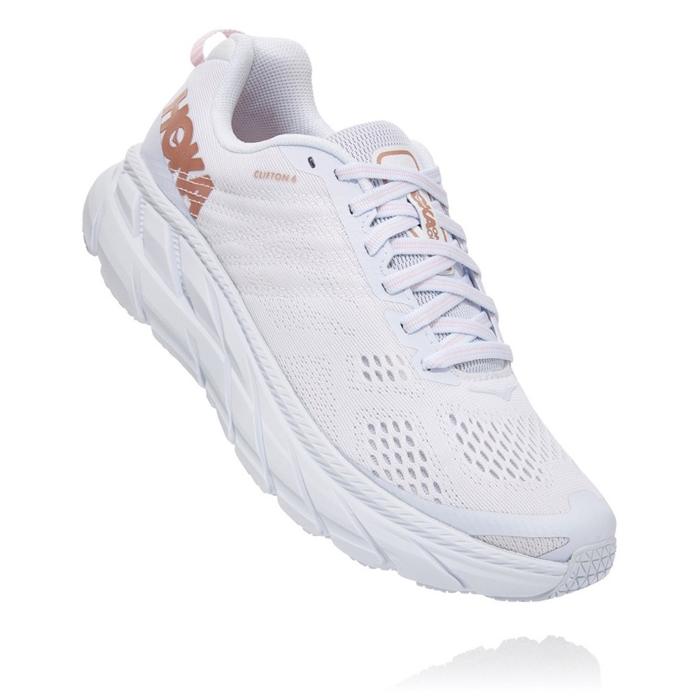 HOKA Clinton 6 All white with Rose Gold women’s size 9.5